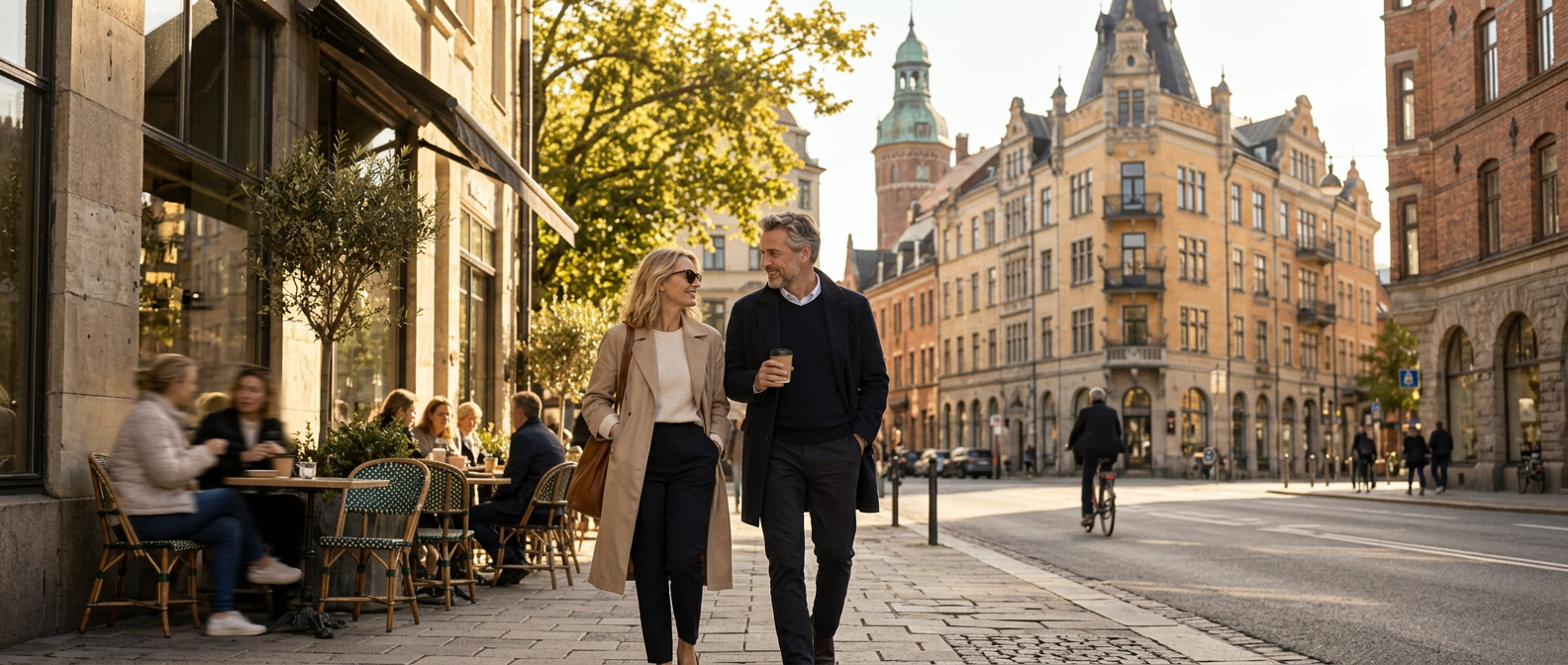 Varm stadspromenad bland historiska fasader i Malmö